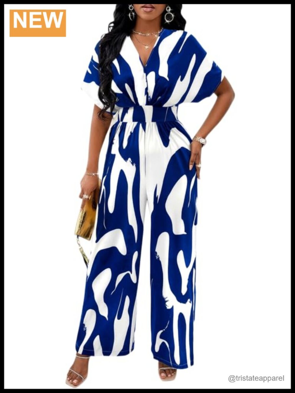 PerZeal Women's V-Neck Short Sleeve Printed Jumpsuit with Pockets Wide Leg